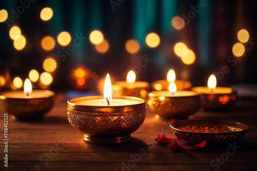 Beautiful diwali diva or lighting lamp on dark background. celebration of new year.