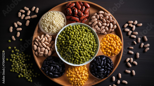 Various colorful legumes and cereals in black bowls background.
 photo