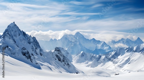 Panoramic view of snow-capped mountains and blue sky © A