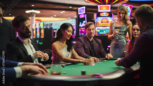 Φωτογραφία Group of Diverse Poker Players Sitting at a Table as the Croupier Deals the Playing Cards in a Modern Casino