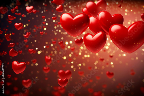  Red heart balloons with golden lights on dark backdrop.  Valentines Day background