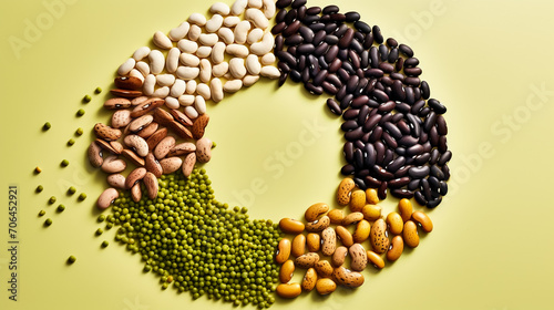 Various colorful legumes and cereals in black bowls background. 
