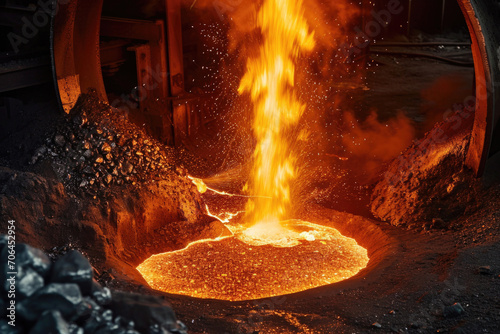 Fiery Display Of Molten Metal And Spark Eruptions In Nickel Smelting Furnace photo