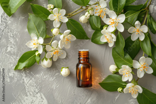 Aerial View Of Neroli Flowers With Complementary Neroli Essential Oil Display