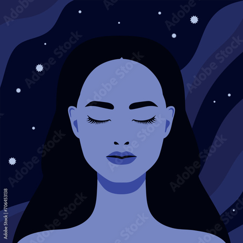 Beautiful woman with closed eyes on night sky background with stars. Vector illustration