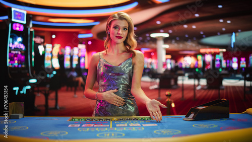 Beautiful Caucasian Woman Working As A Dealer At Classy Casino. Professional Female Baccarat Croupier In a Fancy Silver Dress, Presenting Playing Cards, Looking At Camera And Smiling photo