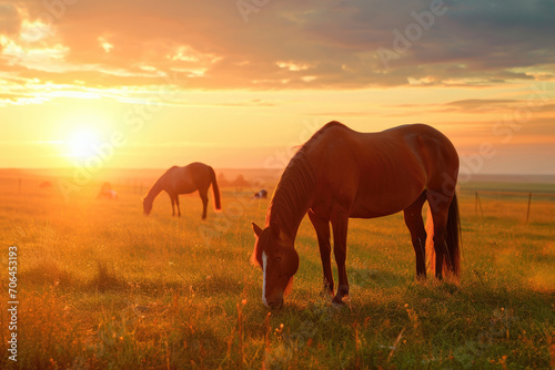 Peaceful Panoramic View Of Purebred Horses Grazing At Sunset © Anastasiia