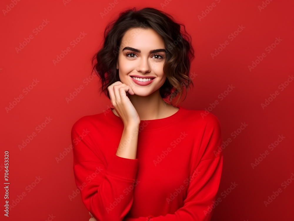 Portrait of a beautiful caucasian woman with red colored clothing Portrait of a beautiful caucasian woman with red colored clothing