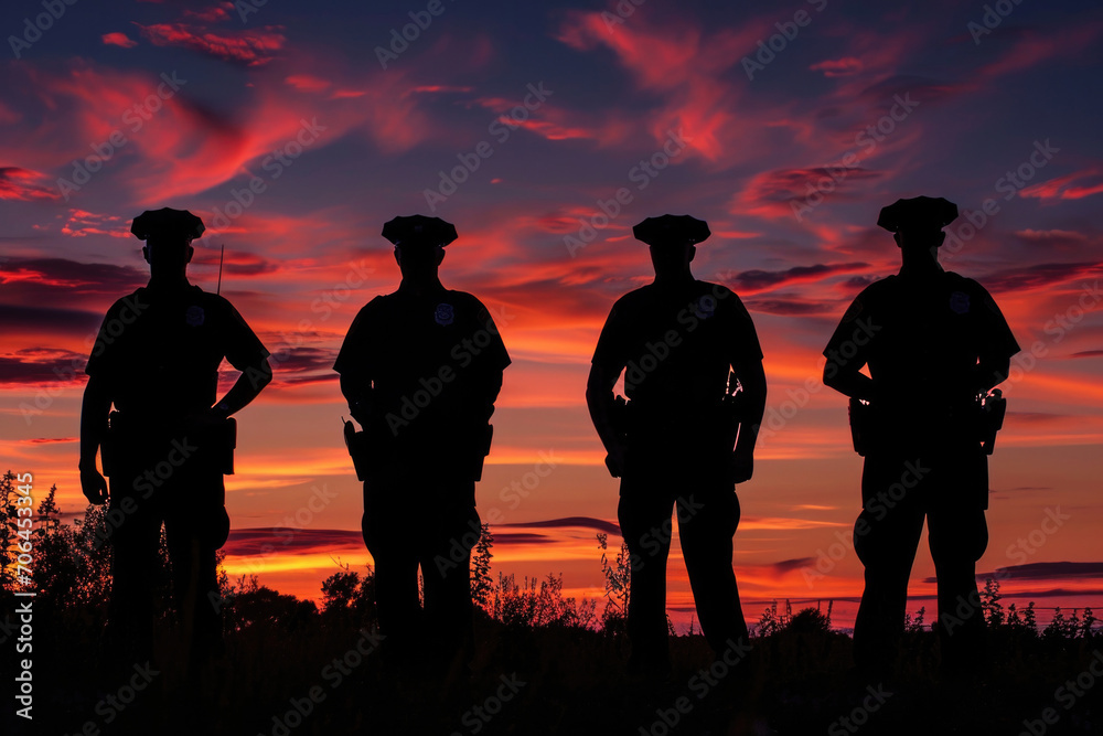 Police Officers Represented By Silhouette Against Sunset Sky