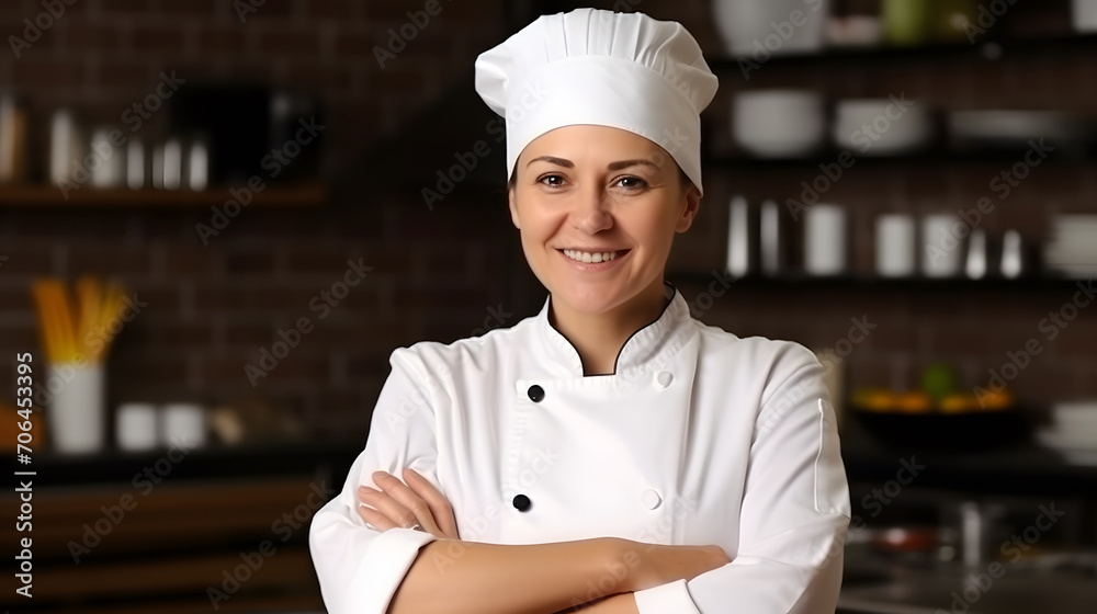 Beautiful woman chef with smile in a restaurant
