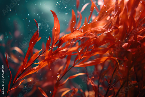 Red Algae Swaying Underwater, Closeup photo