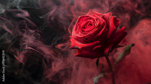 rose wrapped in red smoke swirl on black background, generative ai