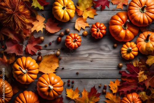 Fall background with orange pumpkins and fall leaves on a light surface