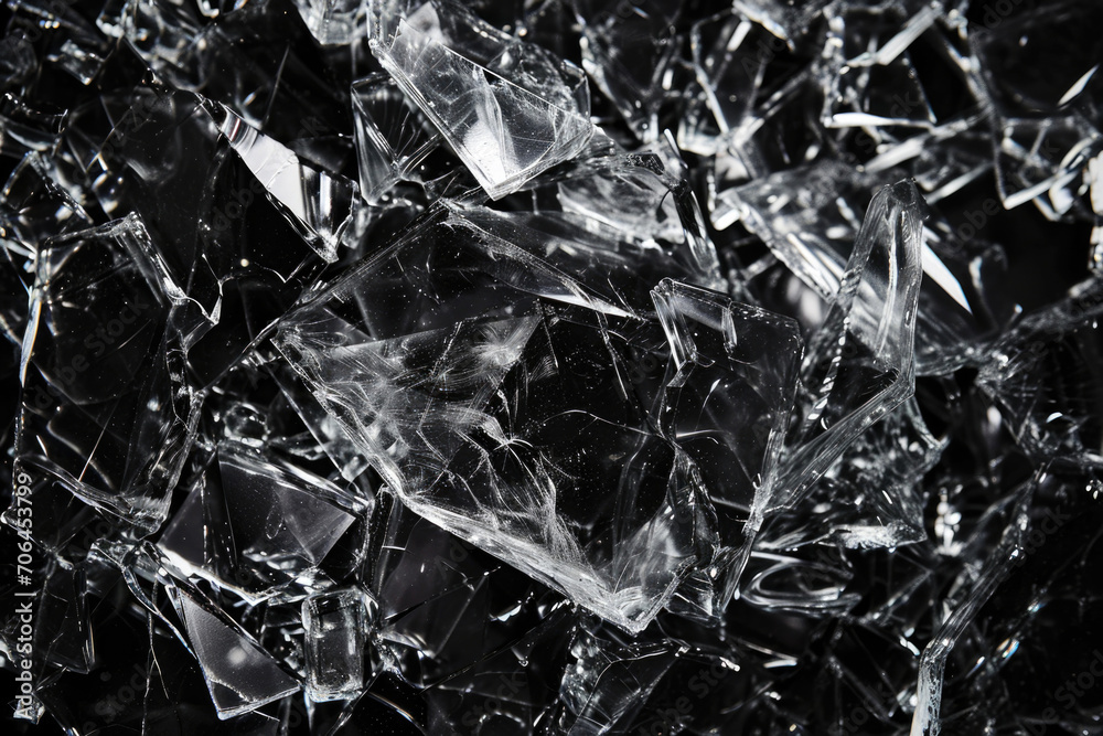 The Stark Black Background Enhances The Contrast Of Shattered Glass Fragments