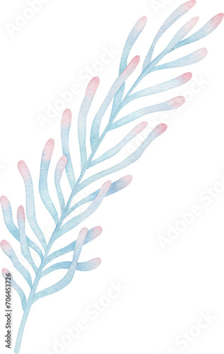Watercolor Blue Branch with Leaves. Botanical Illustration.