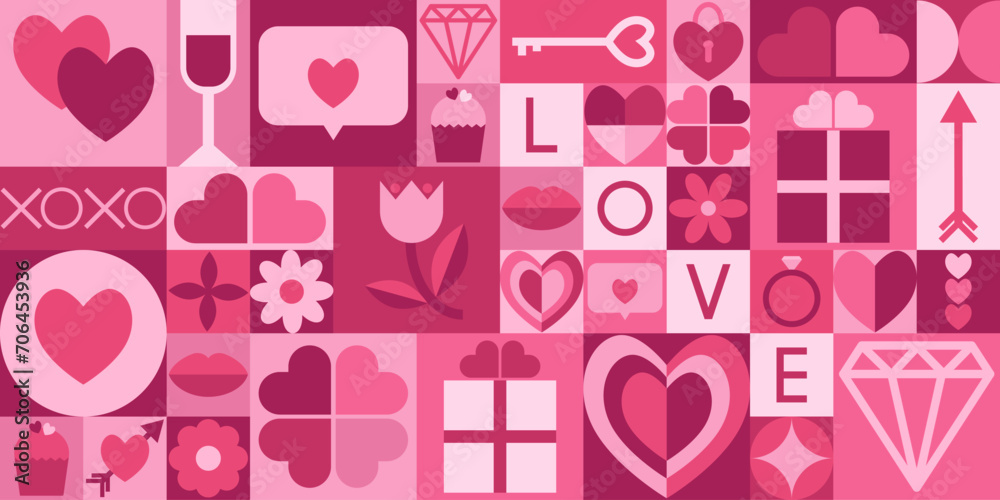 Rectangular geometric Valentines day seamless pattern. Icon with symbol of love. Heart, gift, arrow, key, ring, flower, lips, jewel. Trendy design for background, textile, packaging, wrapper, cover. Rectangular geometric Valentines day seamless pattern. Icon with symbol of love. Heart, gift, arrow, key, ring, flower, lips, jewel. Trendy design for background, textile, packaging, wrapper, cover.