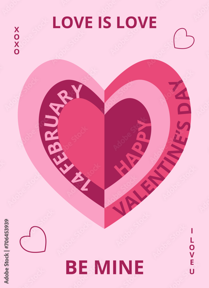 Geometric poster with big heart and typography.  Creative concept of Happy Valentines Day. Trendy design for card or poster, advertising, sales, branding.