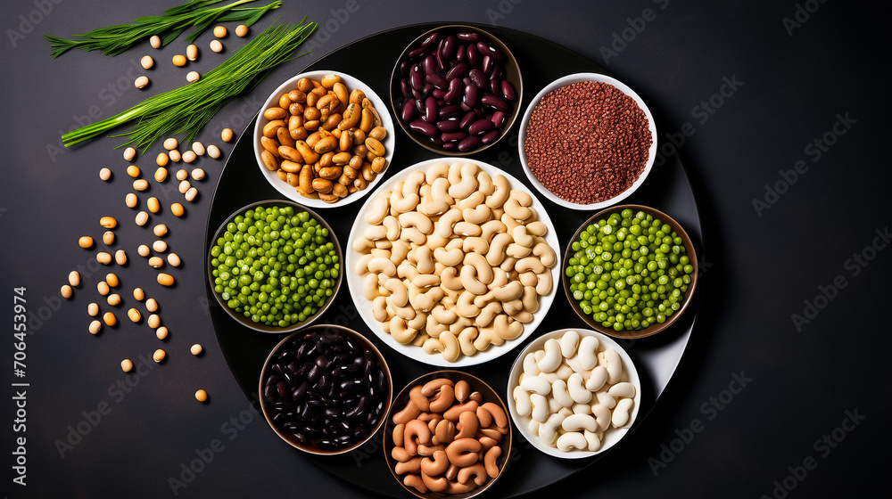 Various colorful legumes and cereals in black bowls background.
