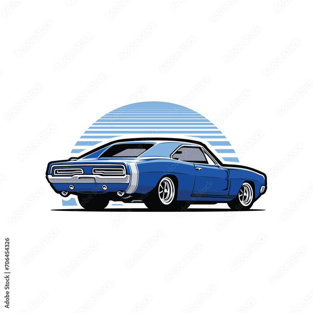 Muscle Car Vector Art Illustration. Rear View Isolated in White Background. Best for Automotive Tshirt Design