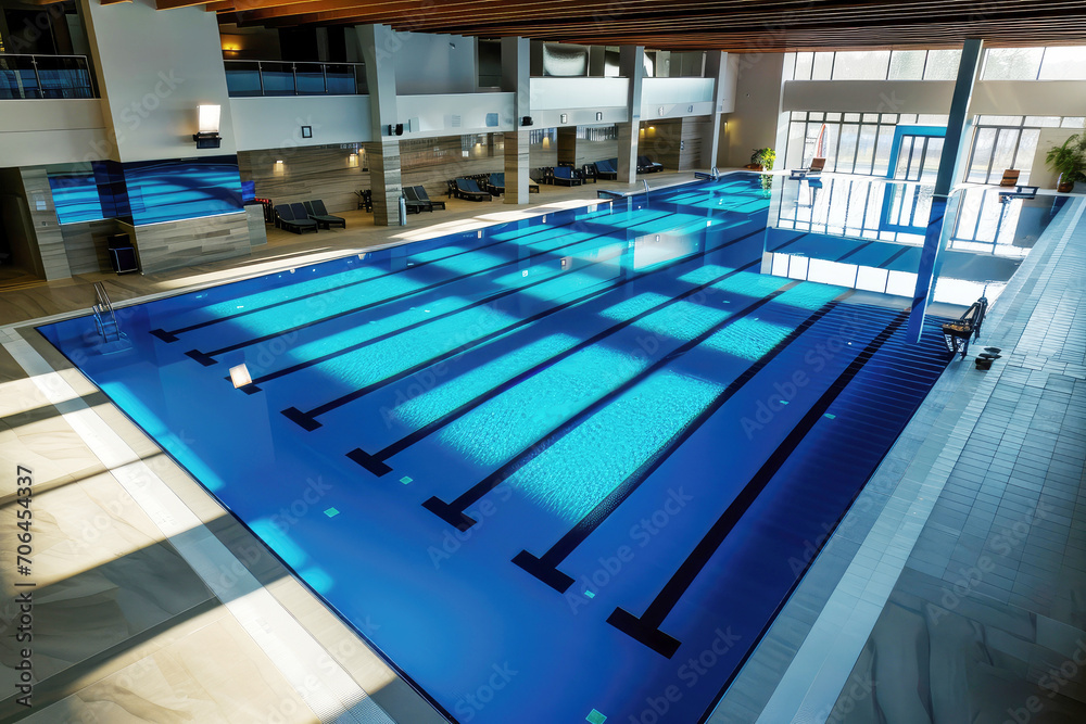 Interior of a large modern indoor swimming pool for training swimmers, top view