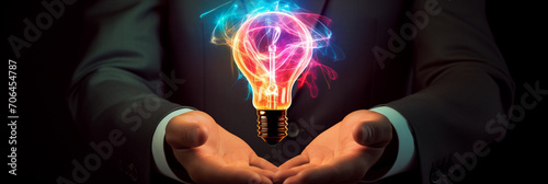 Banner of a Businessman Holding a Creative Lightbulb Business Idea Technology and Creativity Concept Illustration 