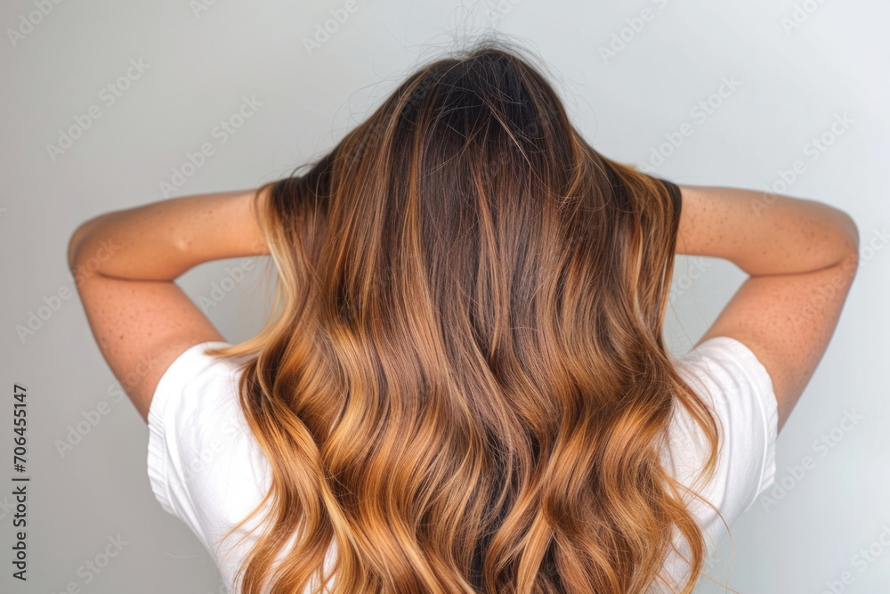 Balayage Hair Displayed By Woman Against White Background Balayage Hair Displayed By Woman Against White Background