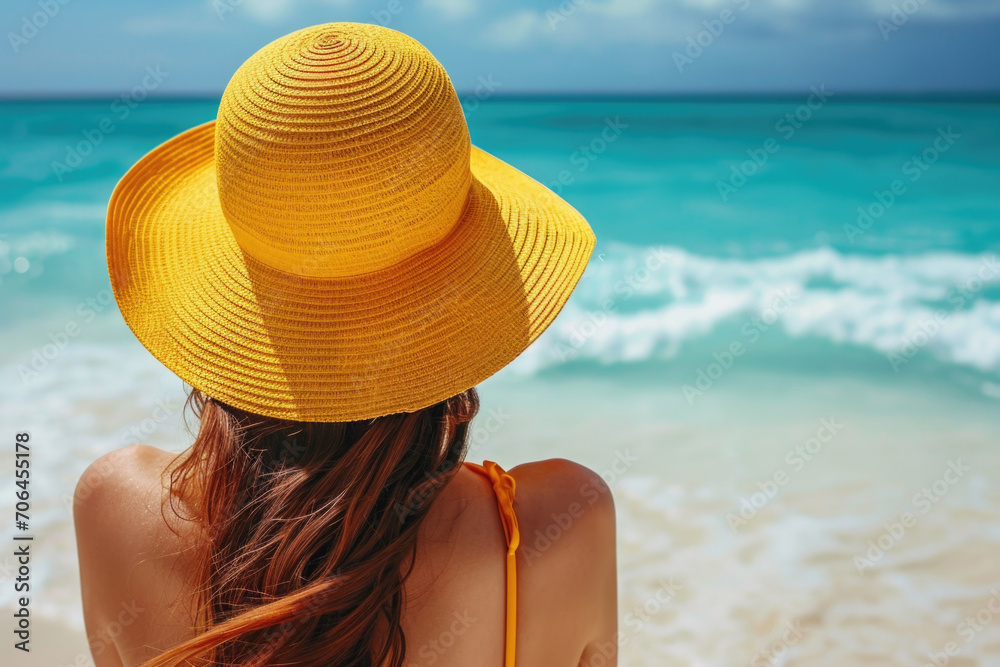 Stylish Beach Outfit: Woman Rocks A Yellow Hat In The Summer Sun