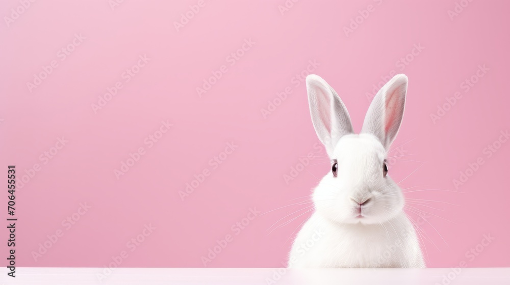 A beautiful white rabbit on a pink background with a copy space. Easter, holiday, animals, spring concepts. A beautiful white rabbit on a pink background with a copy space. Easter, holiday, animals, spring concepts.
