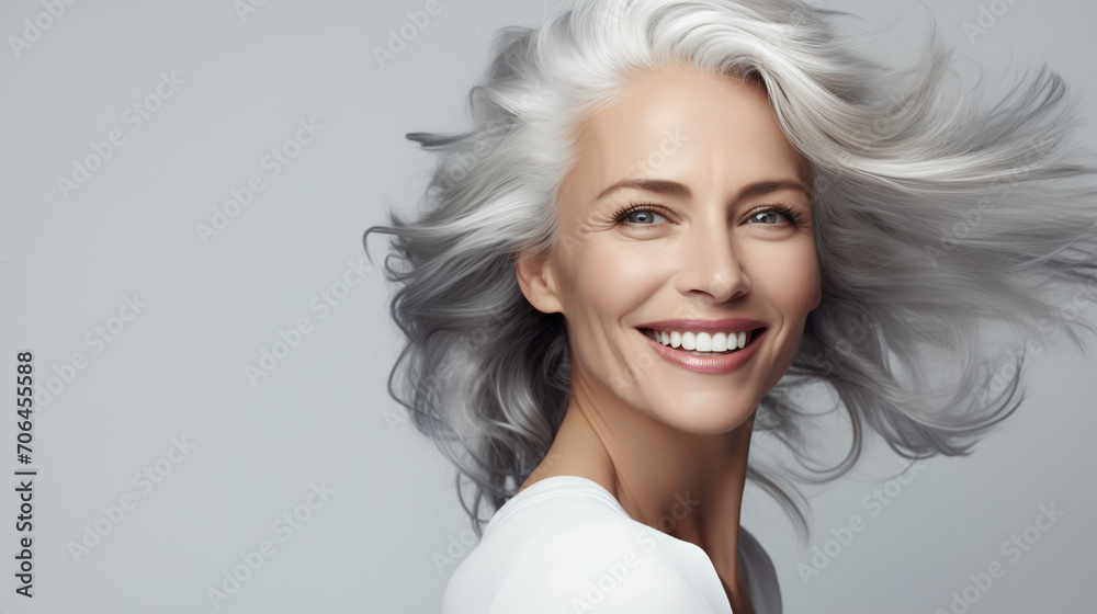 Mature woman with exuberant, flowing grey hair and a beaming smile against a light grey background. The dynamic movement of her hair and her joyful expression evoke a sense of vitality and confidence