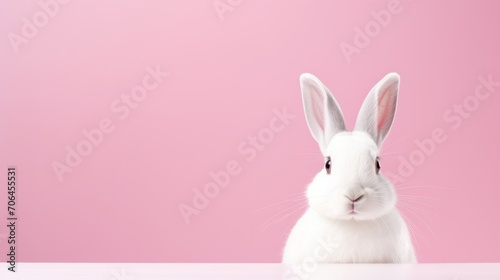 A beautiful white rabbit on a pink background with a copy space. Easter, holiday, animals, spring concepts.
