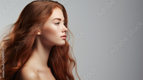 An elegant young woman with long, flowing auburn hair, posed in profile against a grey background. Natural beauty and serene expression, suggest themes of fashion, grace, and simplicity