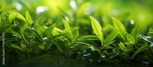 Fresh green tea leaves close up  water focus.