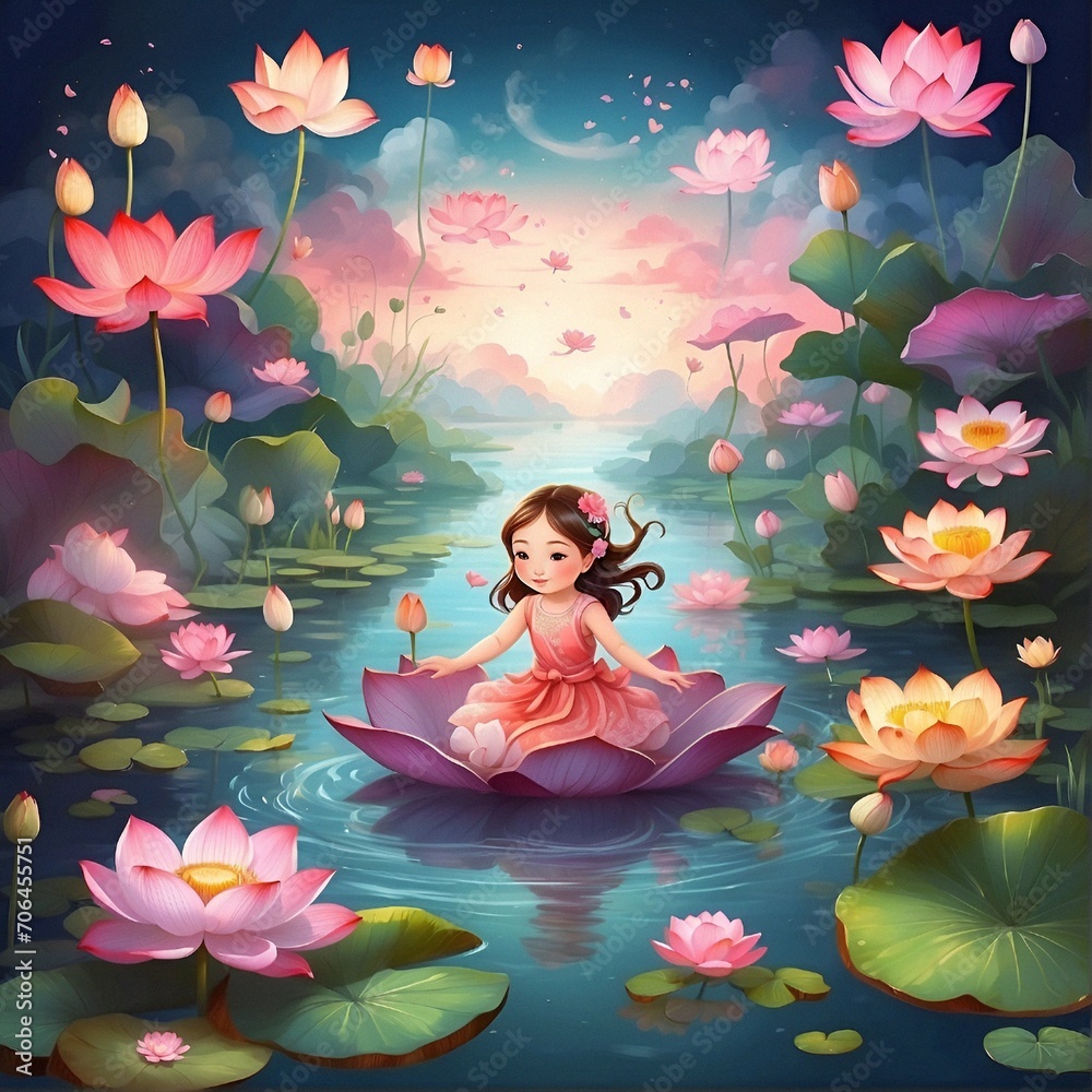girl and lotus in the water