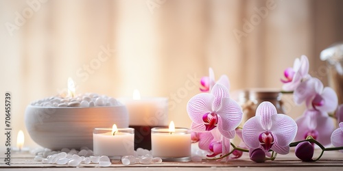 Spa still life concept,Close up of spa theme on white wood background with burning candle and orchid