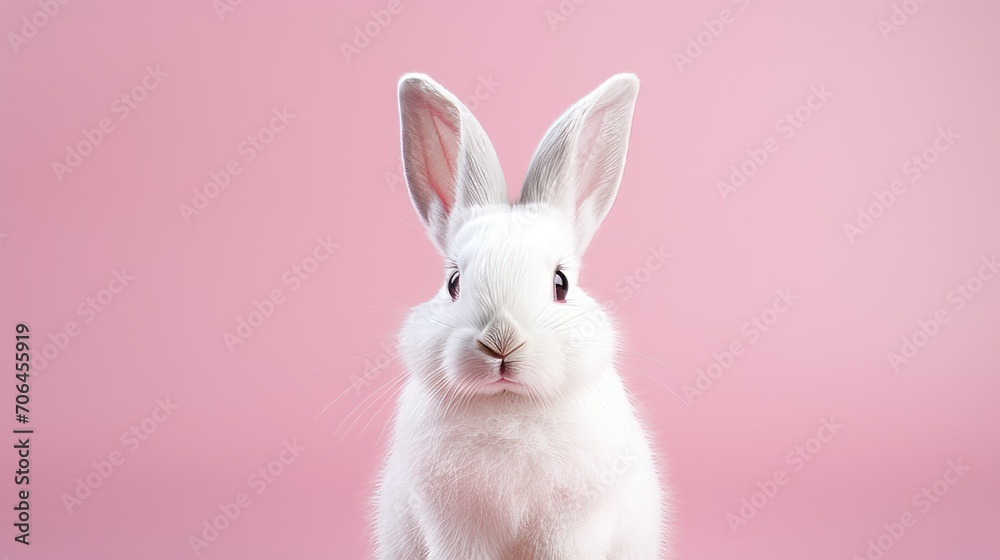 A beautiful cute white rabbit on a pink background with copy space for text. Easter, holiday, animals, spring banner concepts. A beautiful cute white rabbit on a pink background with copy space for text. Easter, holiday, animals, spring banner concepts.