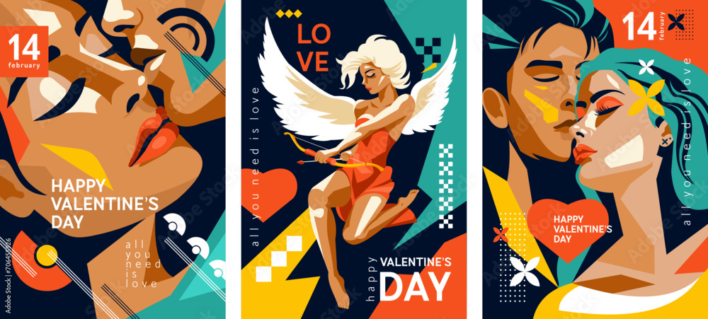 Set of posters dedicated to Valentine's Day . Cupid with a bow and arrow, a couple in love. Pop art posters in the minimalist style. Flat graphics design.