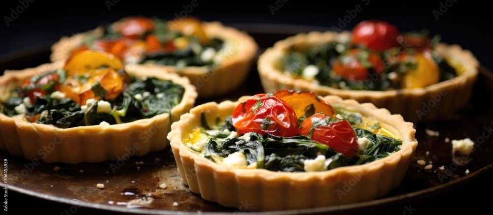 Spinach, feta, and tomato tartlets with garlic and cheese. - obrazy, fototapety, plakaty 
