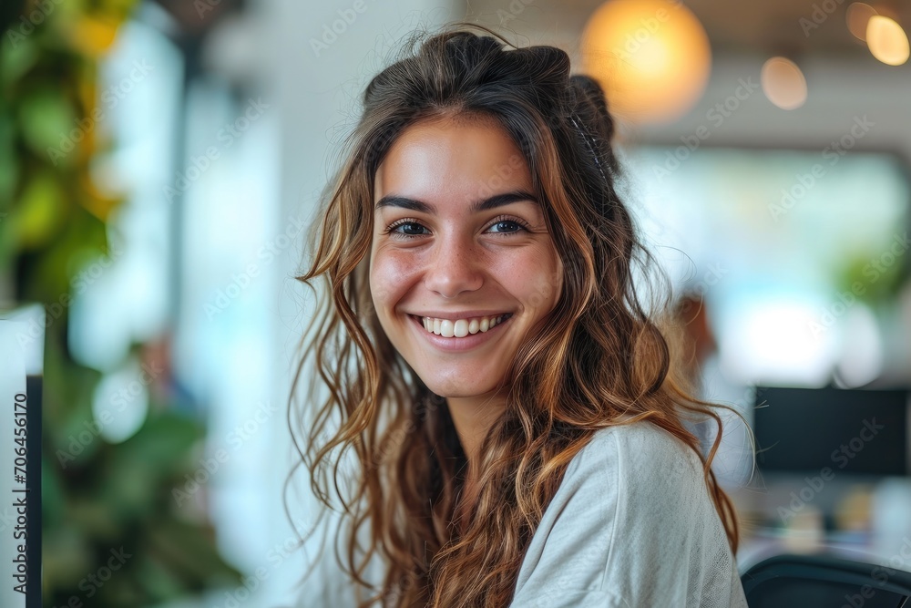 Smiling young woman working in the office at the computer. Generative AI.