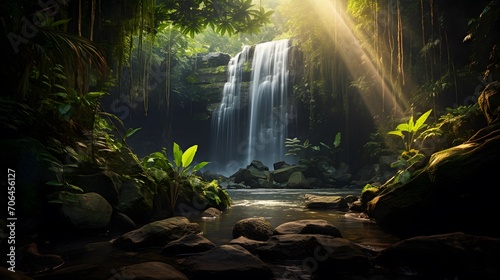 Panoramic view of a waterfall in the rainforest, Thailand