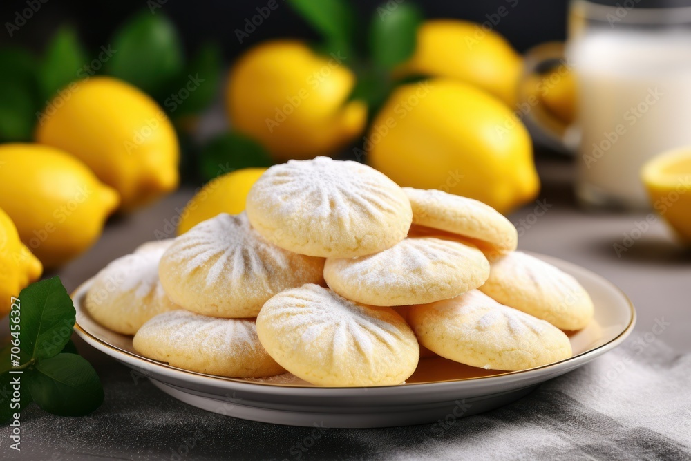 Plate with delicious lemon cookies on table, closeup