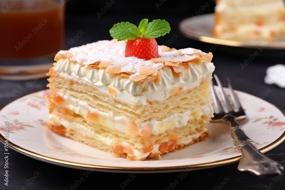 Piece of delicious Napoleon cake served on table, closeup Piece of delicious Napoleon cake served on table, closeup