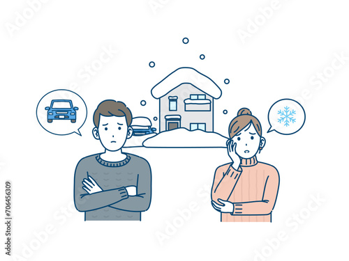 大雪に困る夫婦のイラスト