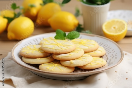 Plate with delicious lemon cookies on table, closeup