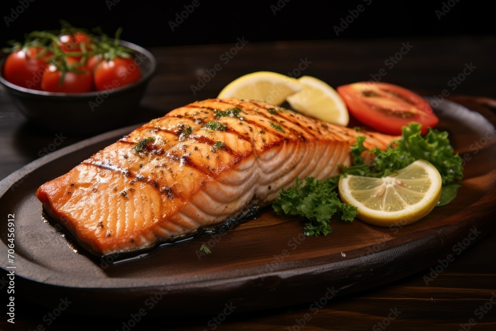 Grilled salmon on table