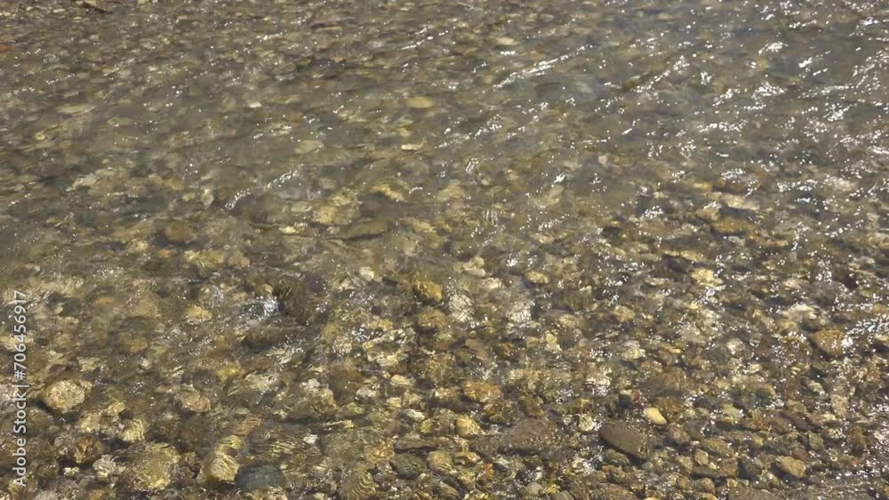 Clear water of mountain river flowing over stones and pebbles Clear water of mountain river flowing over stones and pebbles