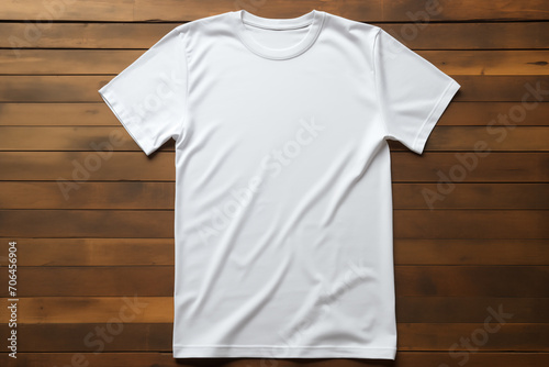 Blank white t-shirt on wooden background. Mockup shirt for branding, design, advertising, commerce. Unisex fashion. Generation ai.