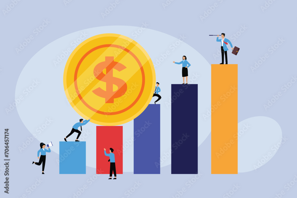 Business team - people push money coin up the chart 2d flat vector illustration