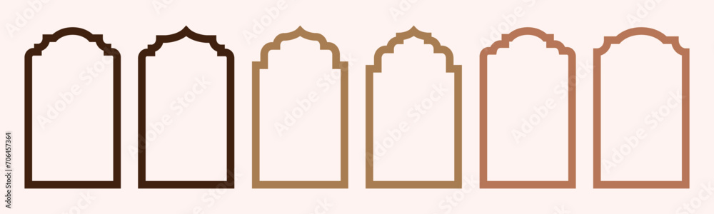 Islamic door and window silhouettes. Ramadan frame shape. Arabic arch with arabic door symbols. Collection of Islamic door window patterns in oriental style. Vector illustration - obrazy, fototapety, plakaty 