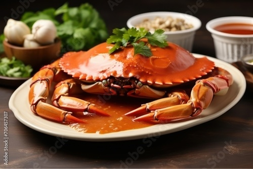 Delicious boiled crab with sauce, on the table, space for text