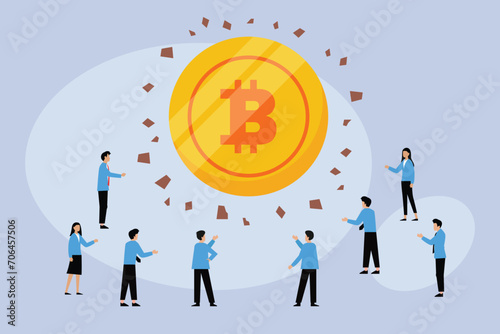 Business people gathered around a huge bitcoin coin 2d flat vector illustration